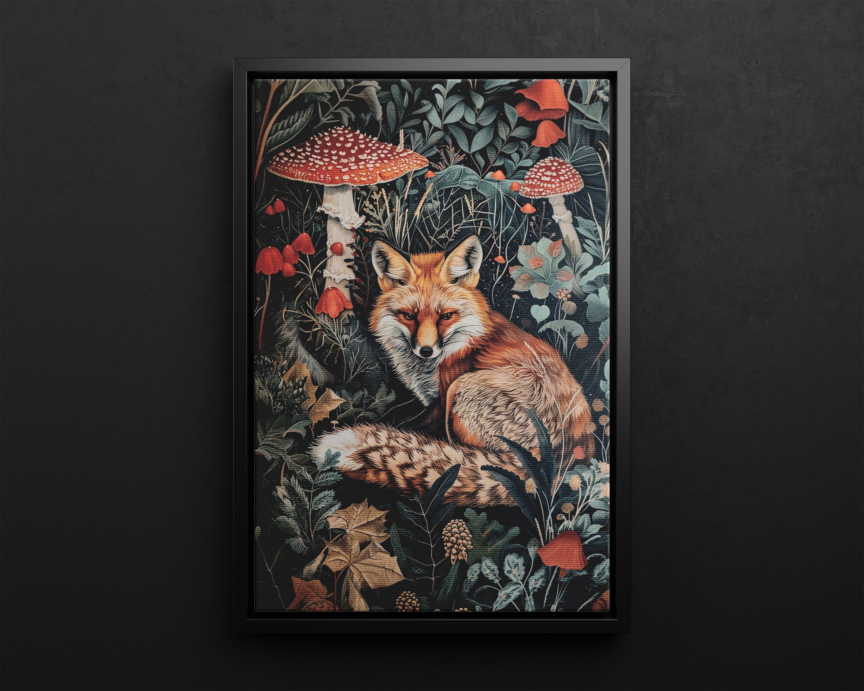 Framed Canvas - Forest Fox with Mushrooms