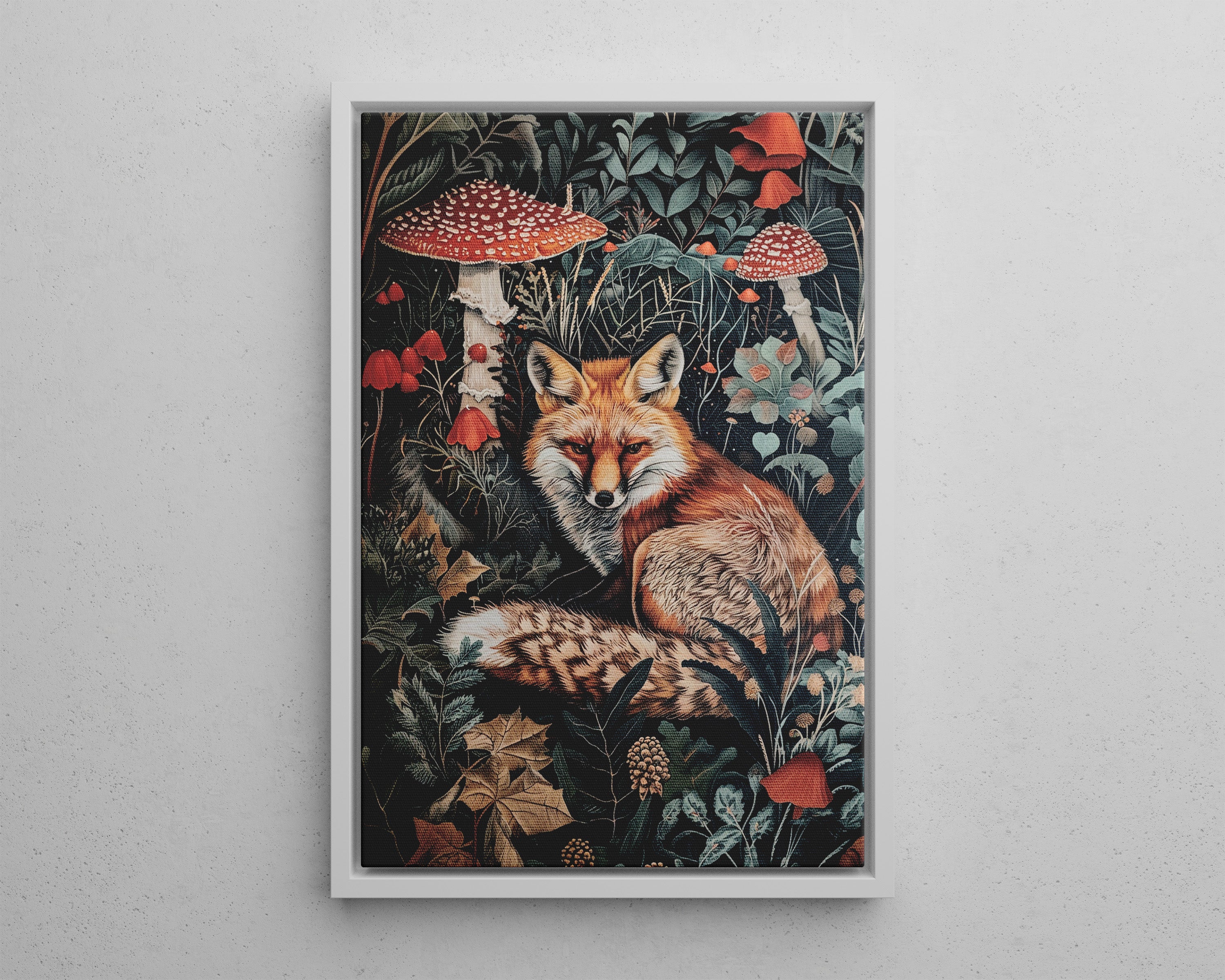 Framed Canvas - Forest Fox with Mushrooms
