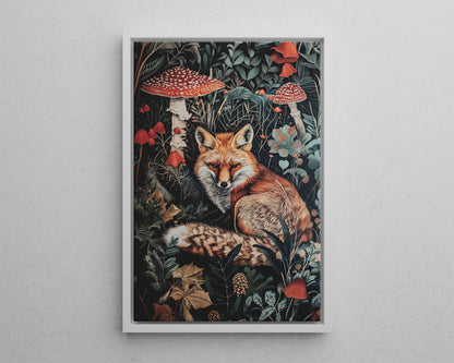 Framed Canvas - Forest Fox with Mushrooms