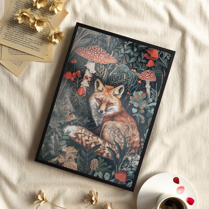 Framed Paper Print - Forest Fox with Mushrooms