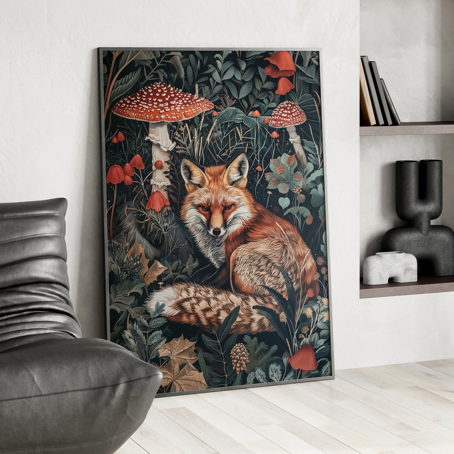 Framed Paper Print - Forest Fox with Mushrooms