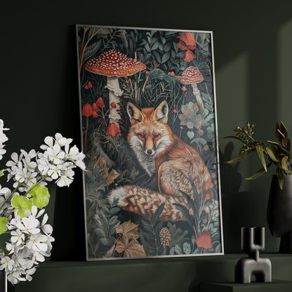 Framed Paper Print - Forest Fox with Mushrooms