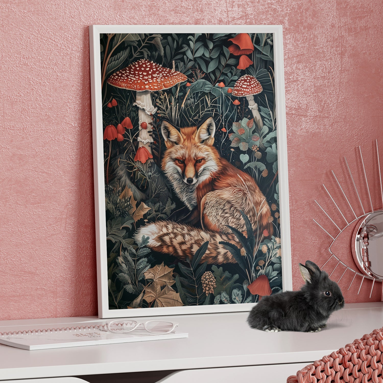 Framed Paper Print - Forest Fox with Mushrooms