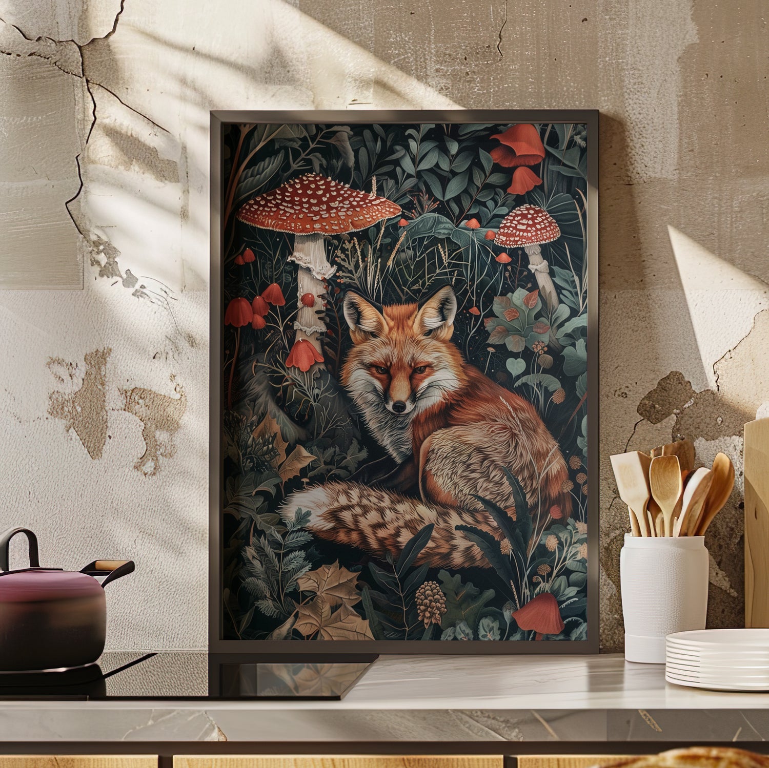 Framed Paper Print - Forest Fox with Mushrooms