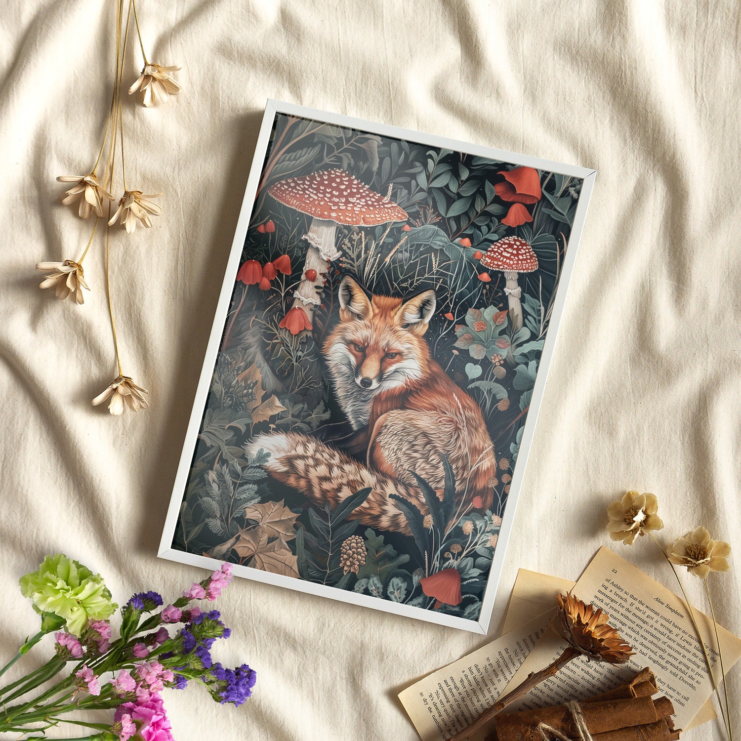 Framed Paper Print - Forest Fox with Mushrooms