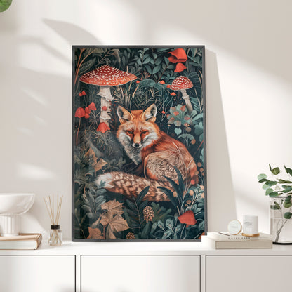 Framed Paper Print - Forest Fox with Mushrooms