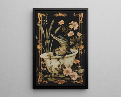 Framed Canvas - Crocodile in Bloom Bath Bliss