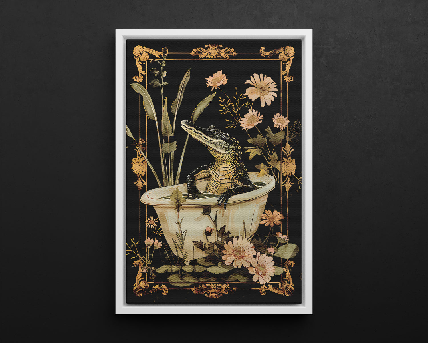 Framed Canvas - Crocodile in Bloom Bath Bliss