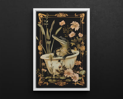 Framed Canvas - Crocodile in Bloom Bath Bliss