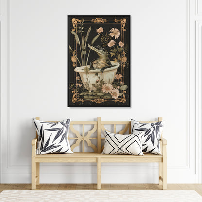 Framed Canvas - Crocodile in Bloom Bath Bliss