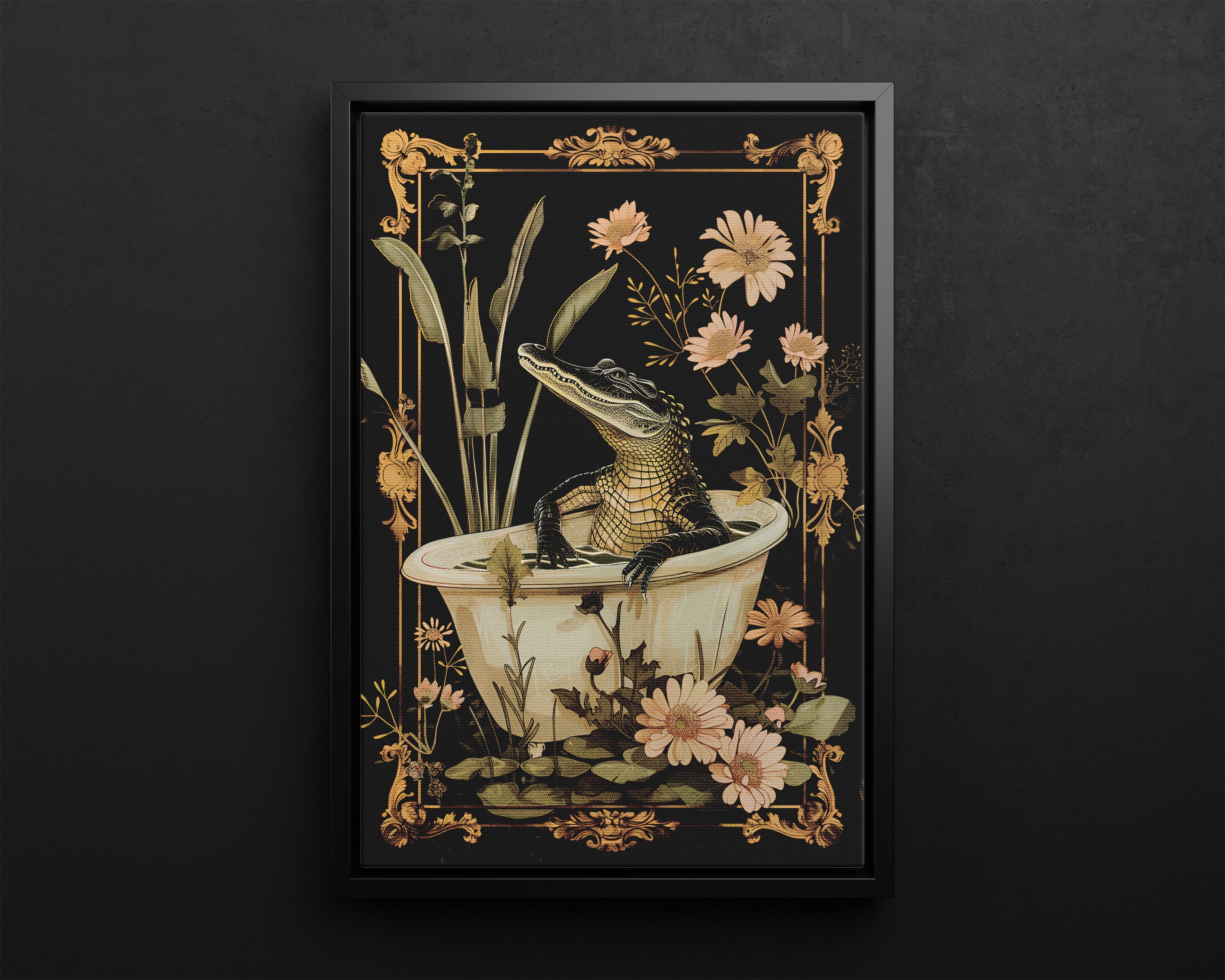 Framed Canvas - Crocodile in Bloom Bath Bliss