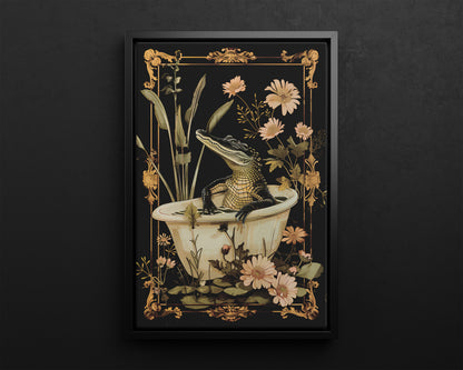Framed Canvas - Crocodile in Bloom Bath Bliss