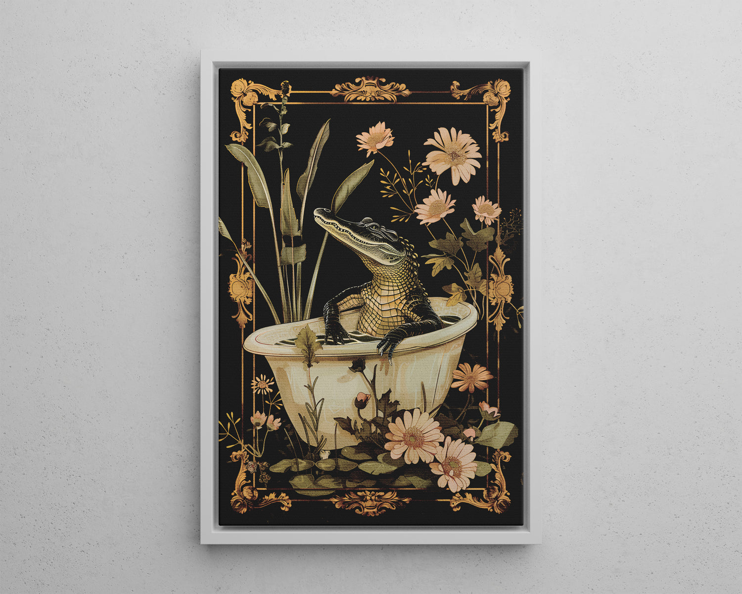 Framed Canvas - Crocodile in Bloom Bath Bliss