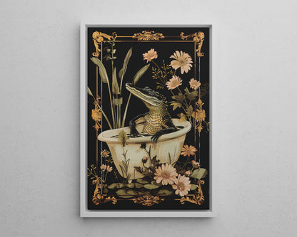 Framed Canvas - Crocodile in Bloom Bath Bliss