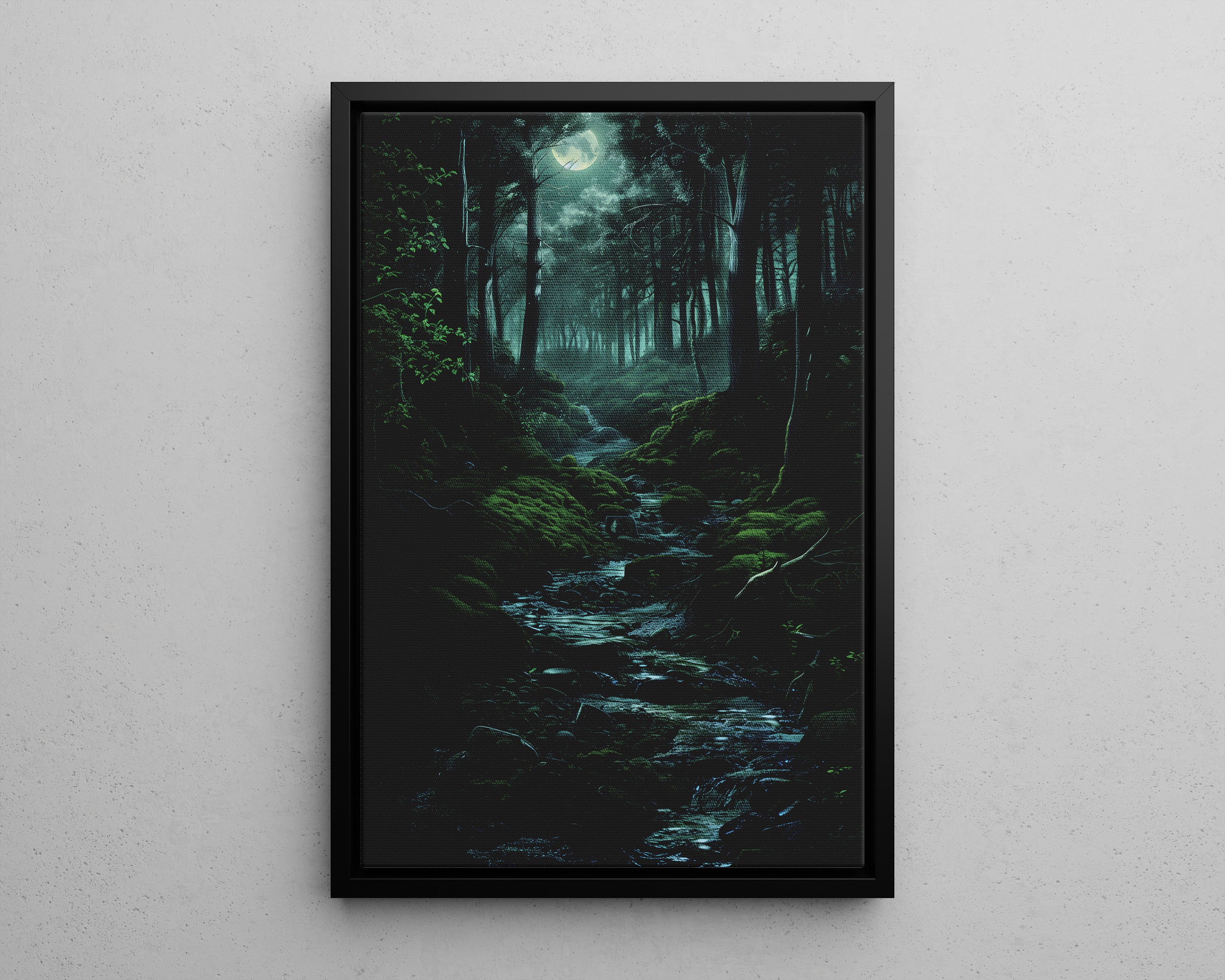 Framed Canvas - Moonlit Forest Stream