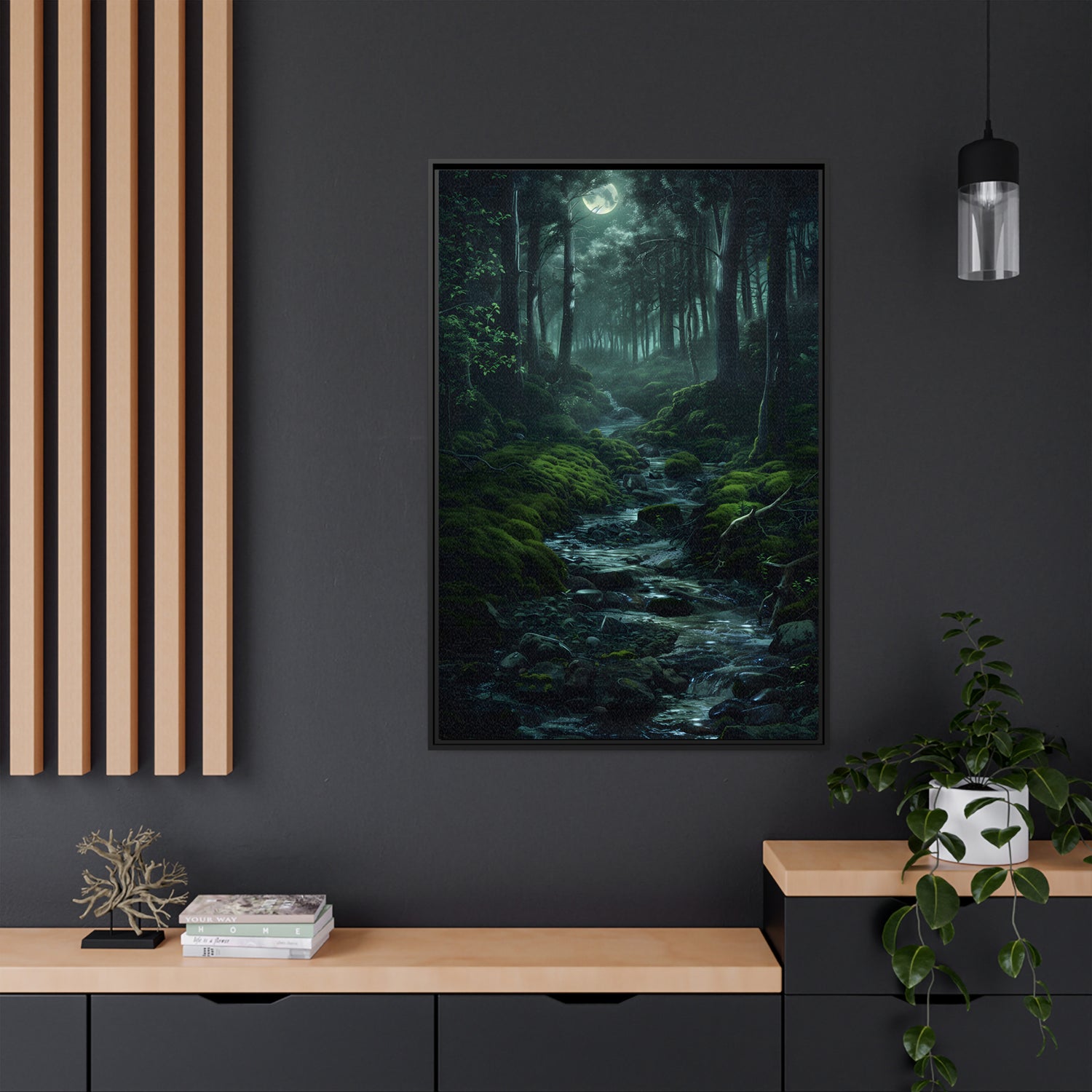 Framed Canvas - Moonlit Forest Stream