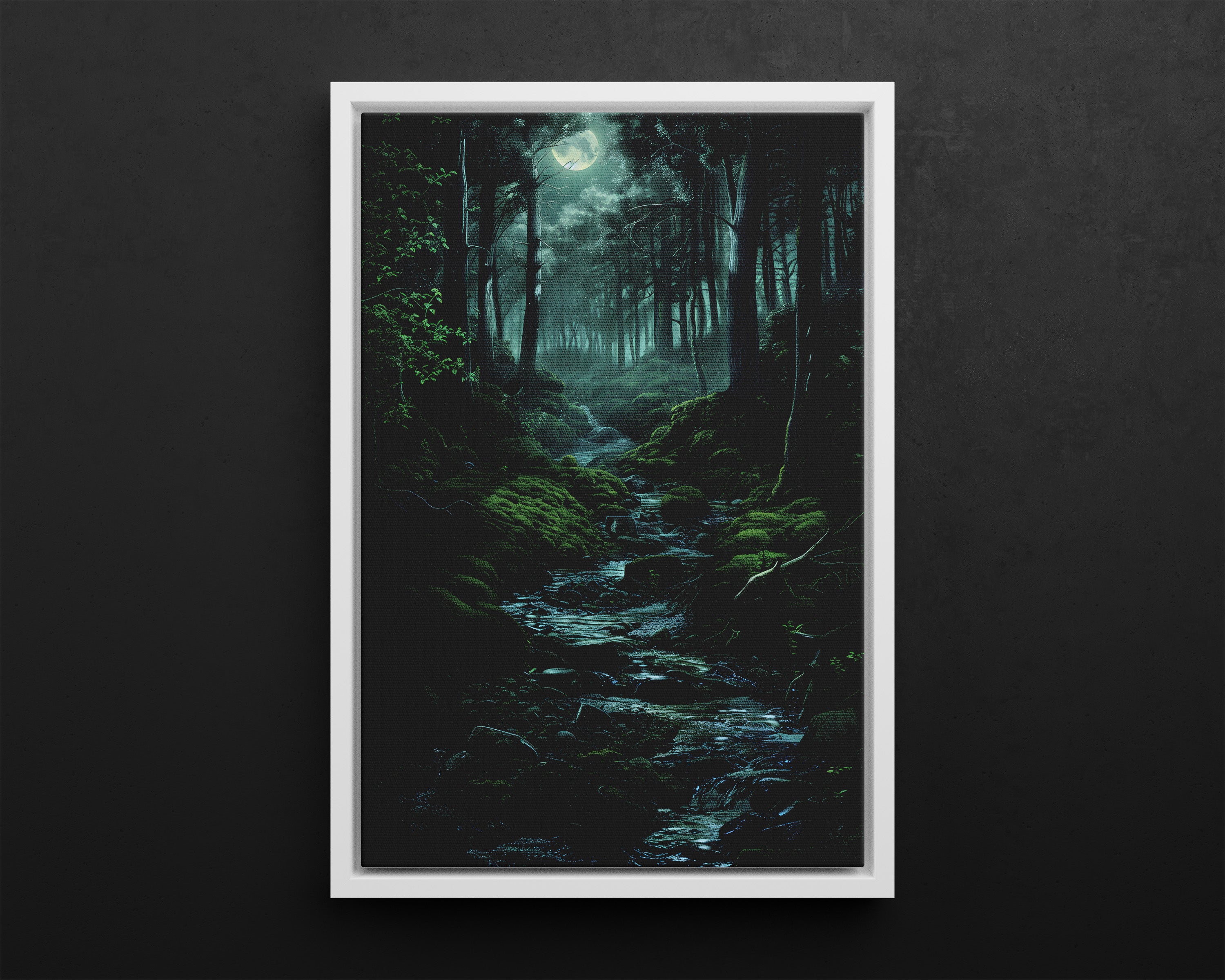Framed Canvas - Moonlit Forest Stream