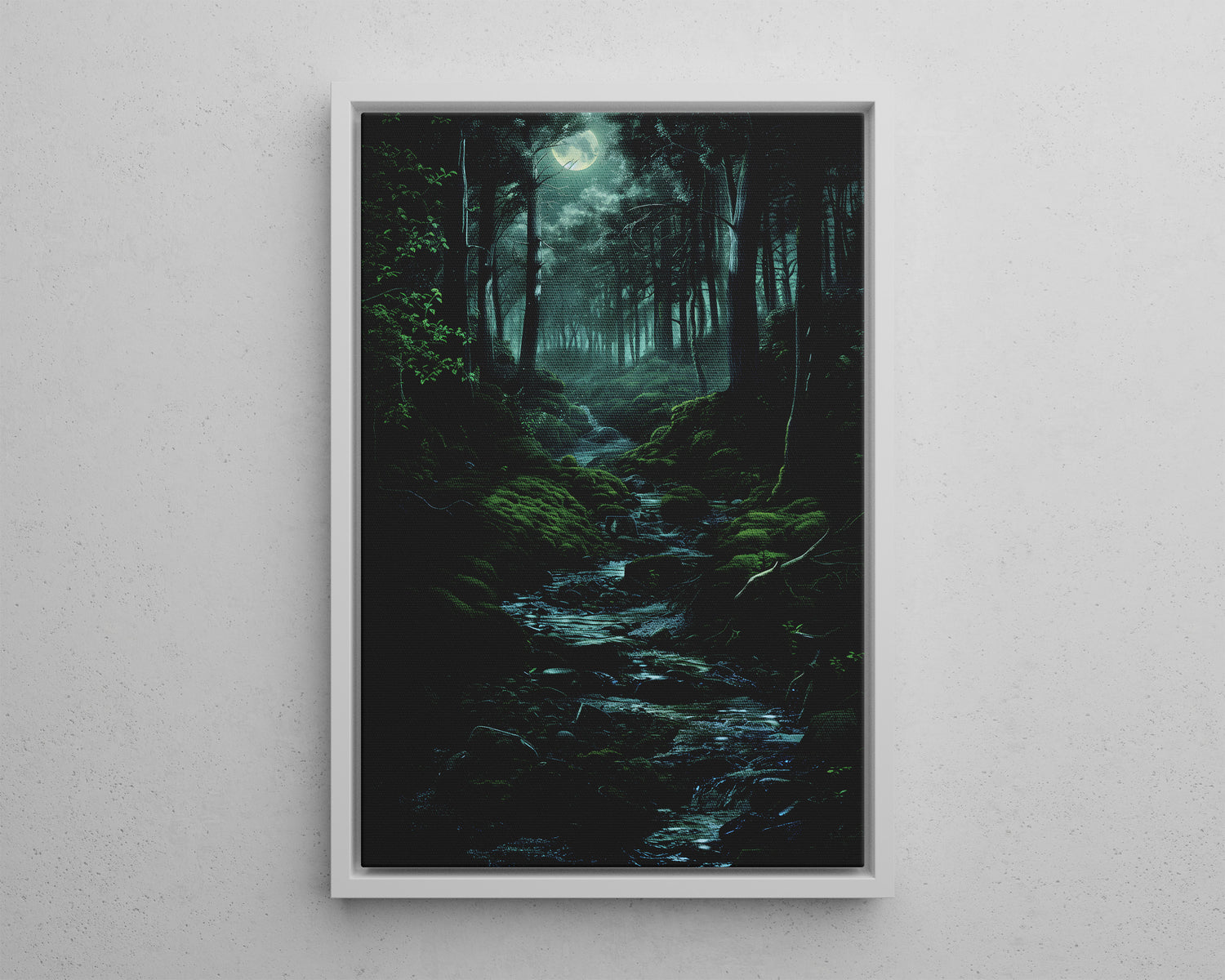 Framed Canvas - Moonlit Forest Stream