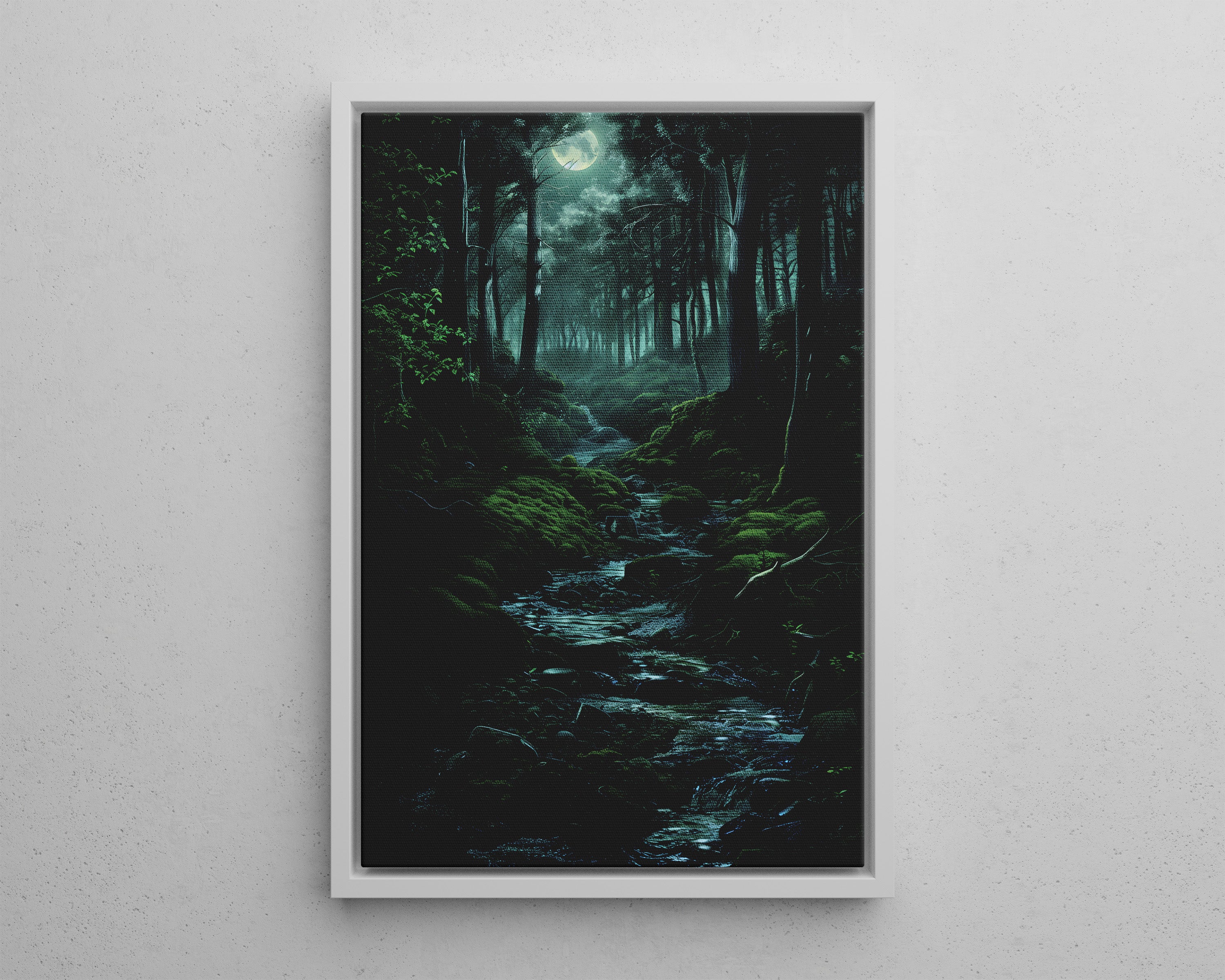 Framed Canvas - Moonlit Forest Stream