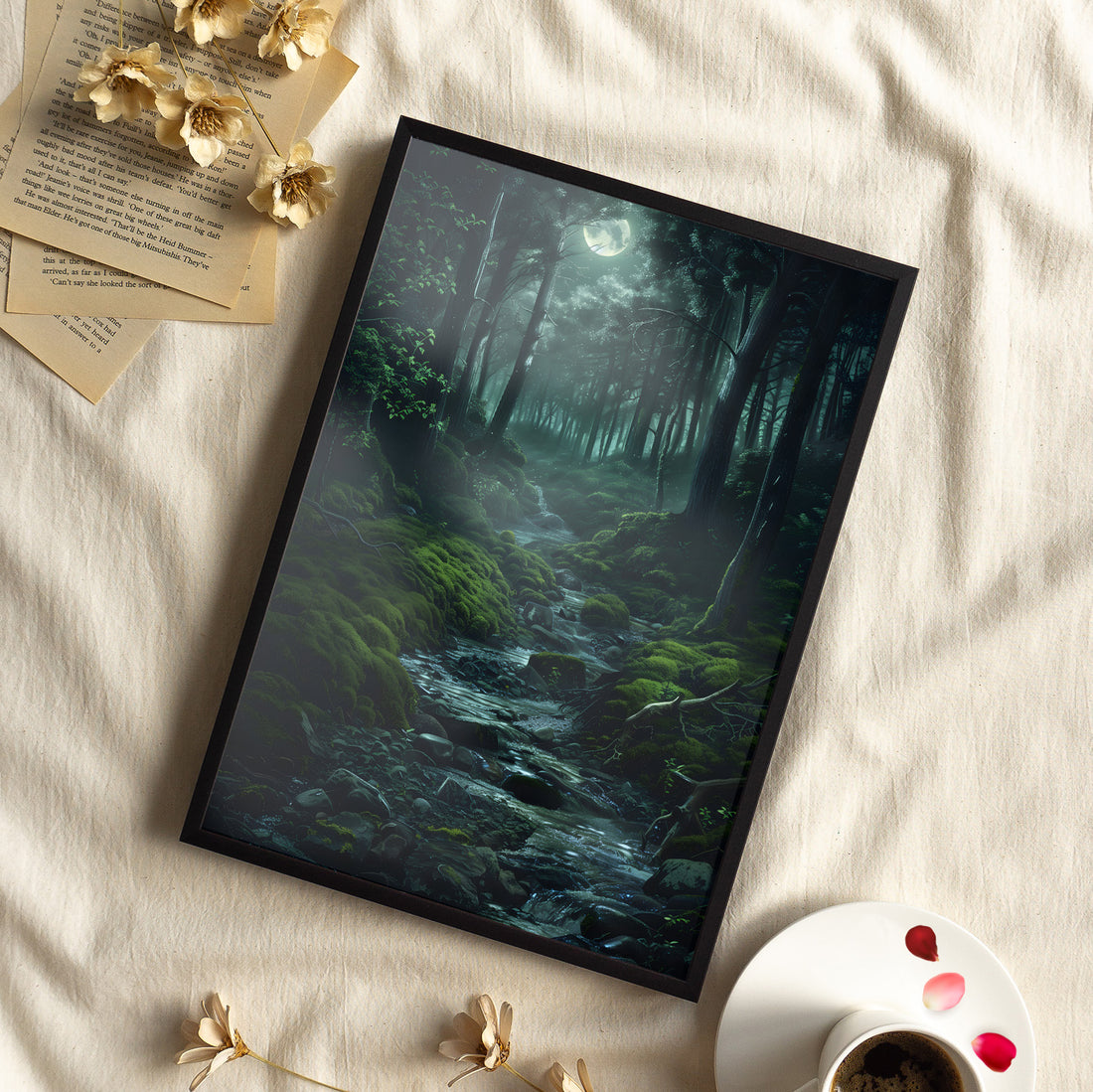 Framed Paper Print - Moonlit Forest Stream