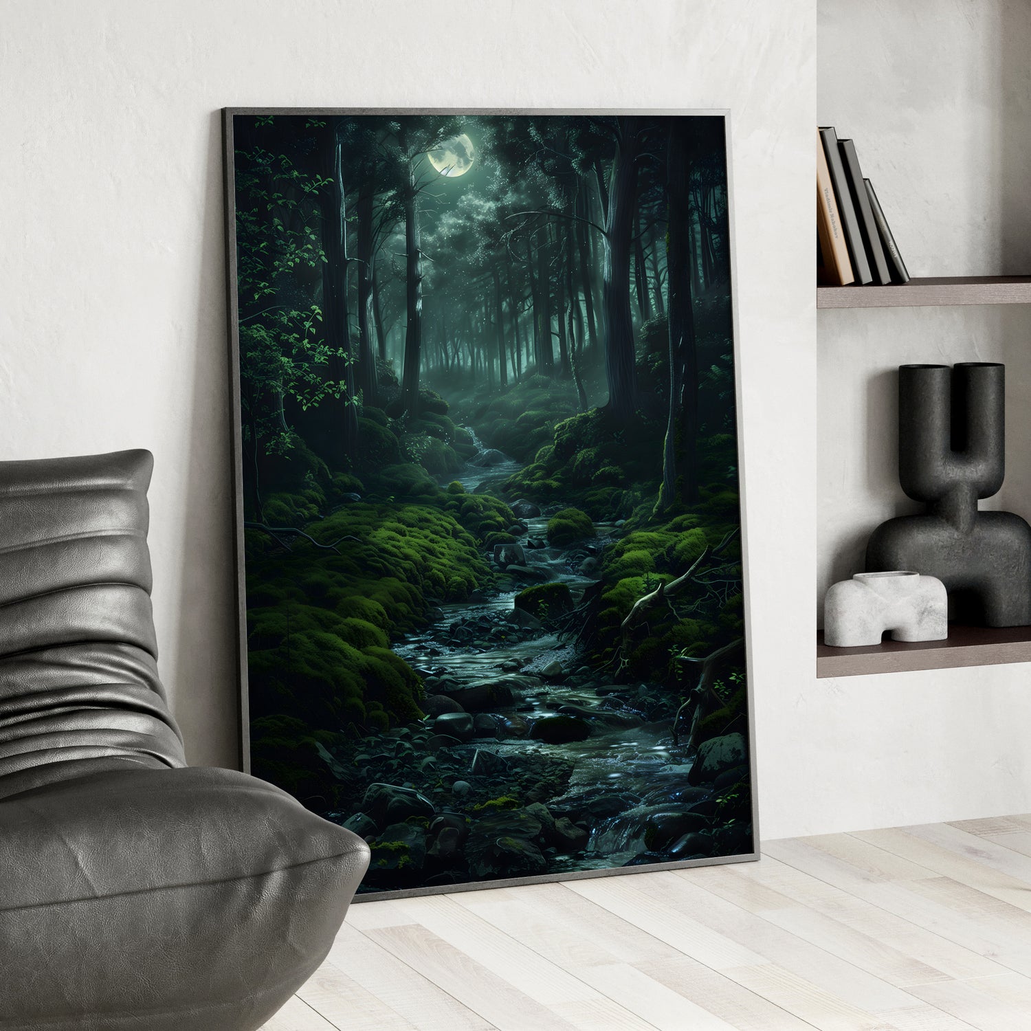 Framed Paper Print - Moonlit Forest Stream