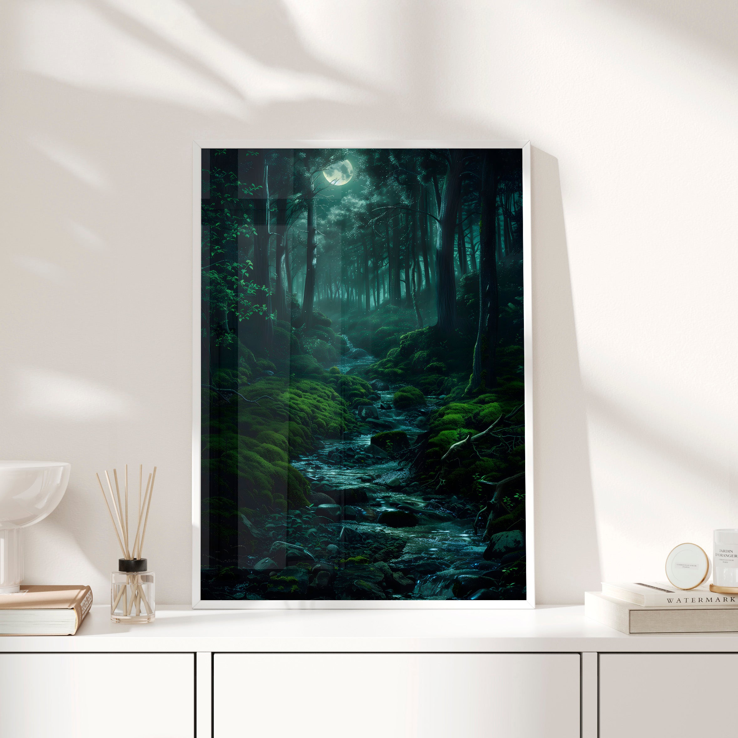 Framed Paper Print - Moonlit Forest Stream