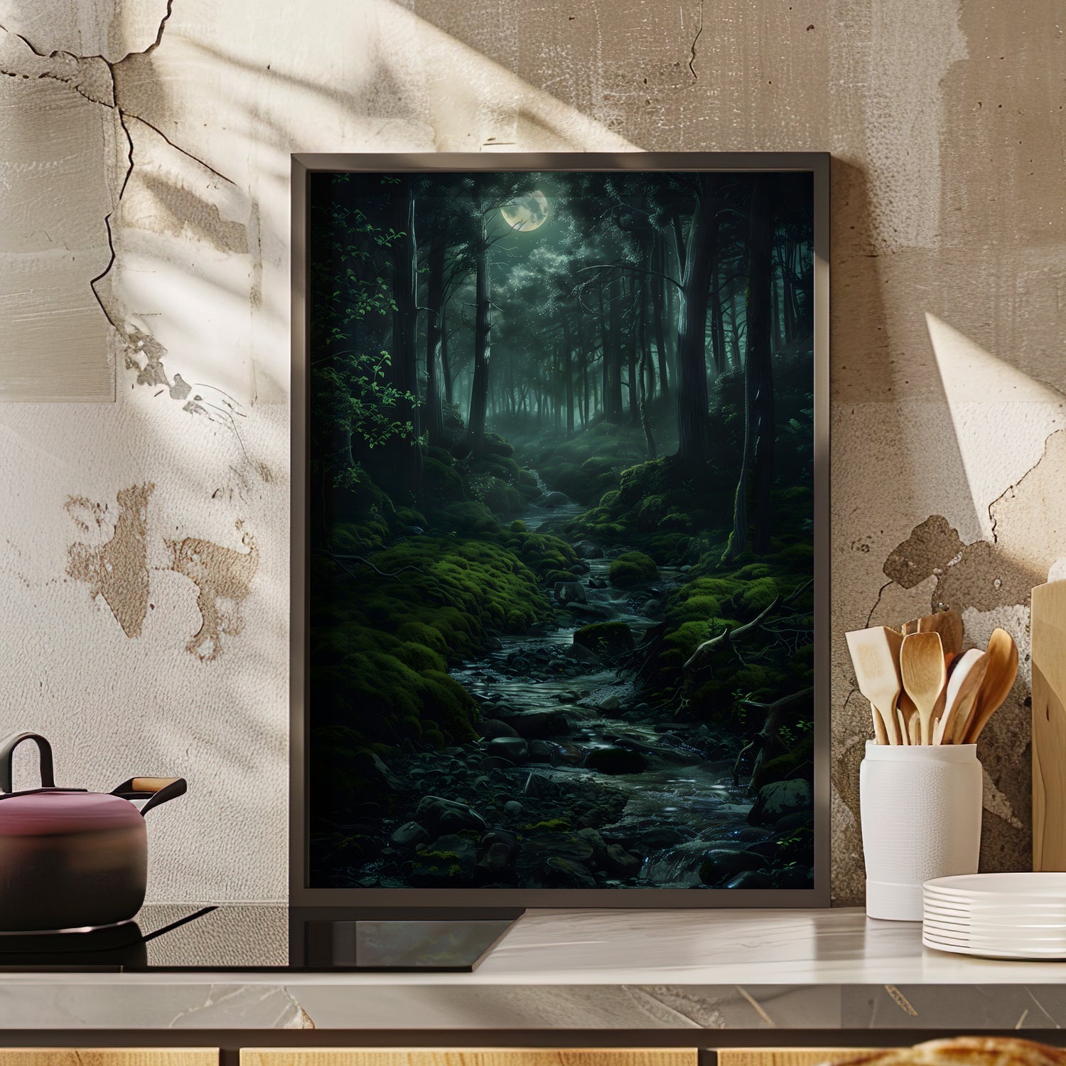 Framed Paper Print - Moonlit Forest Stream