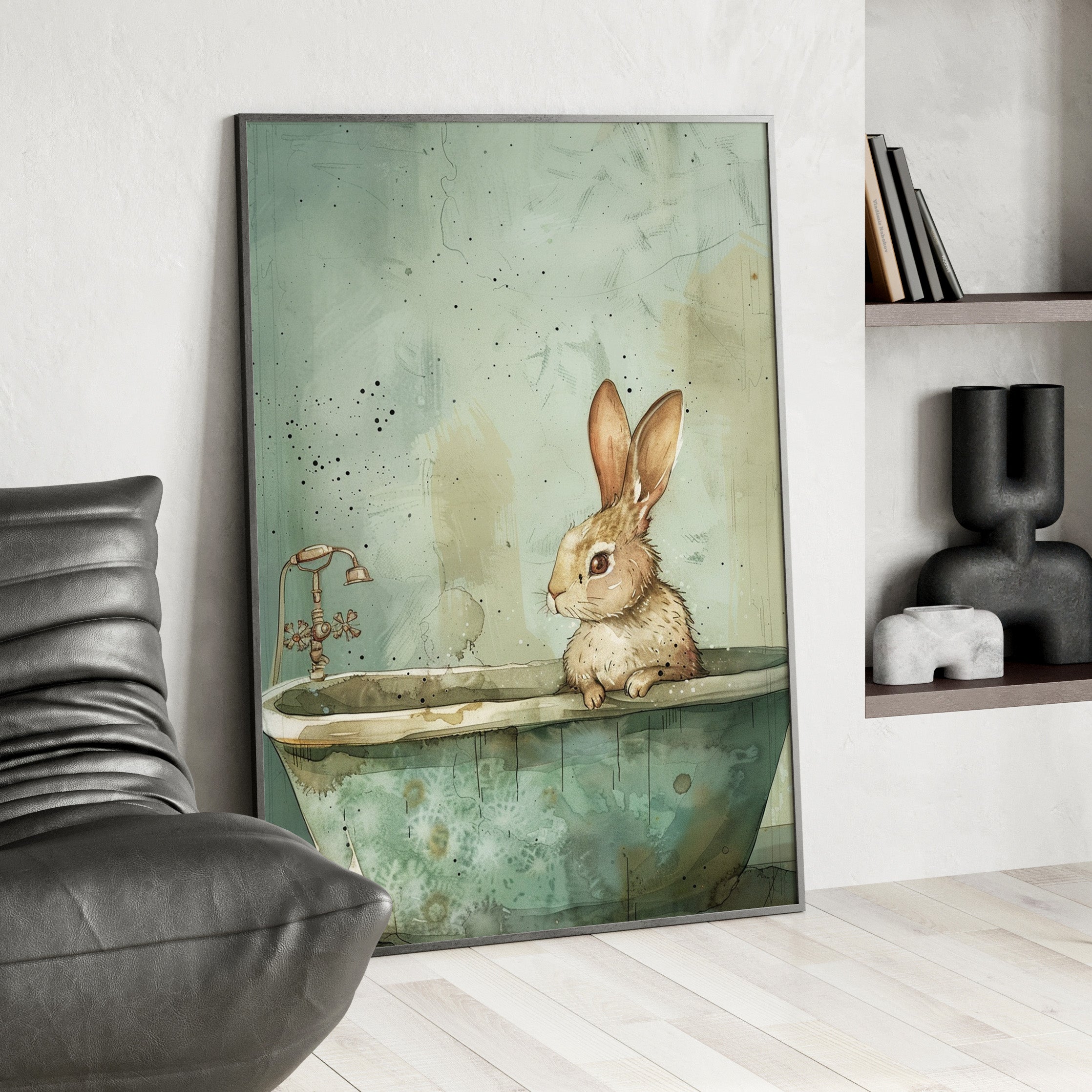 Framed Paper Print - Bunny Bath Day Whimsy