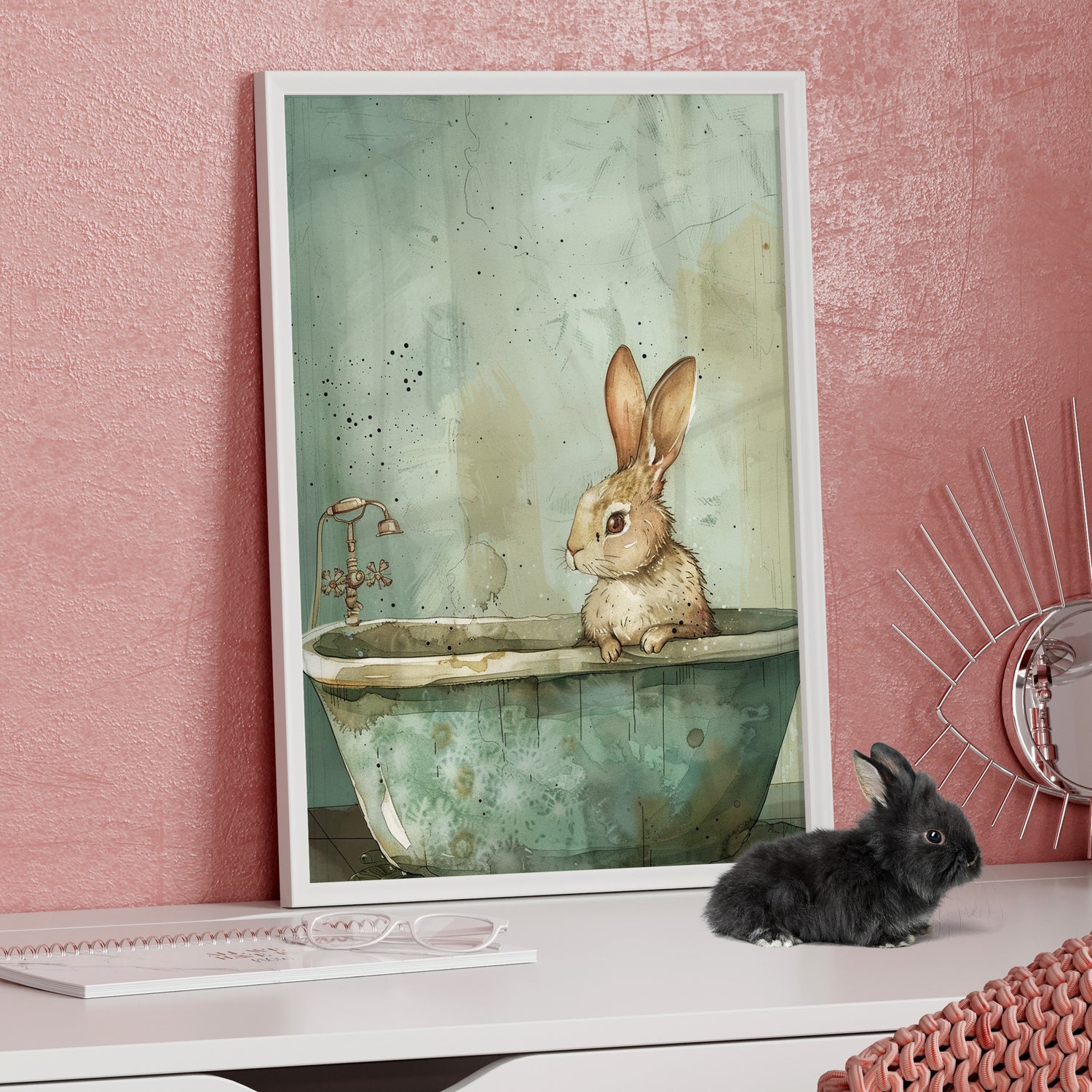 Framed Paper Print - Bunny Bath Day Whimsy