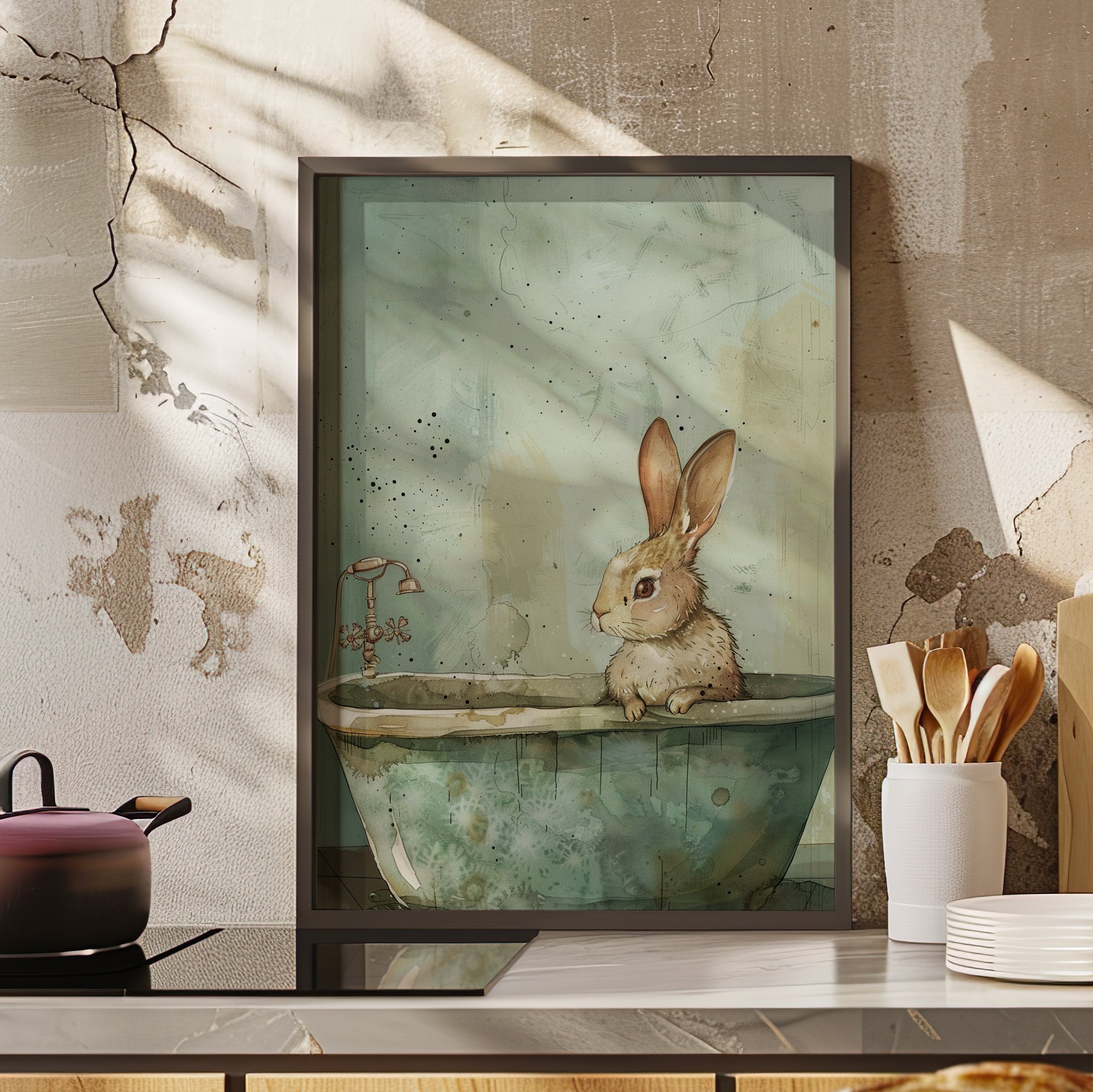 Framed Paper Print - Bunny Bath Day Whimsy