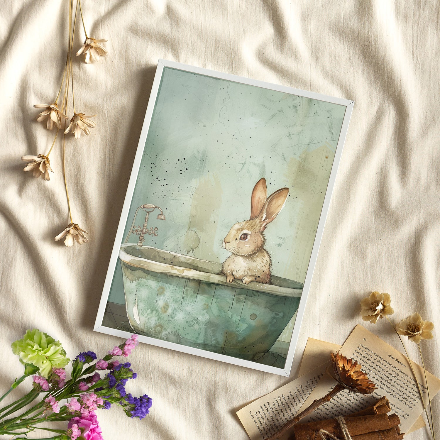 Framed Paper Print - Bunny Bath Day Whimsy