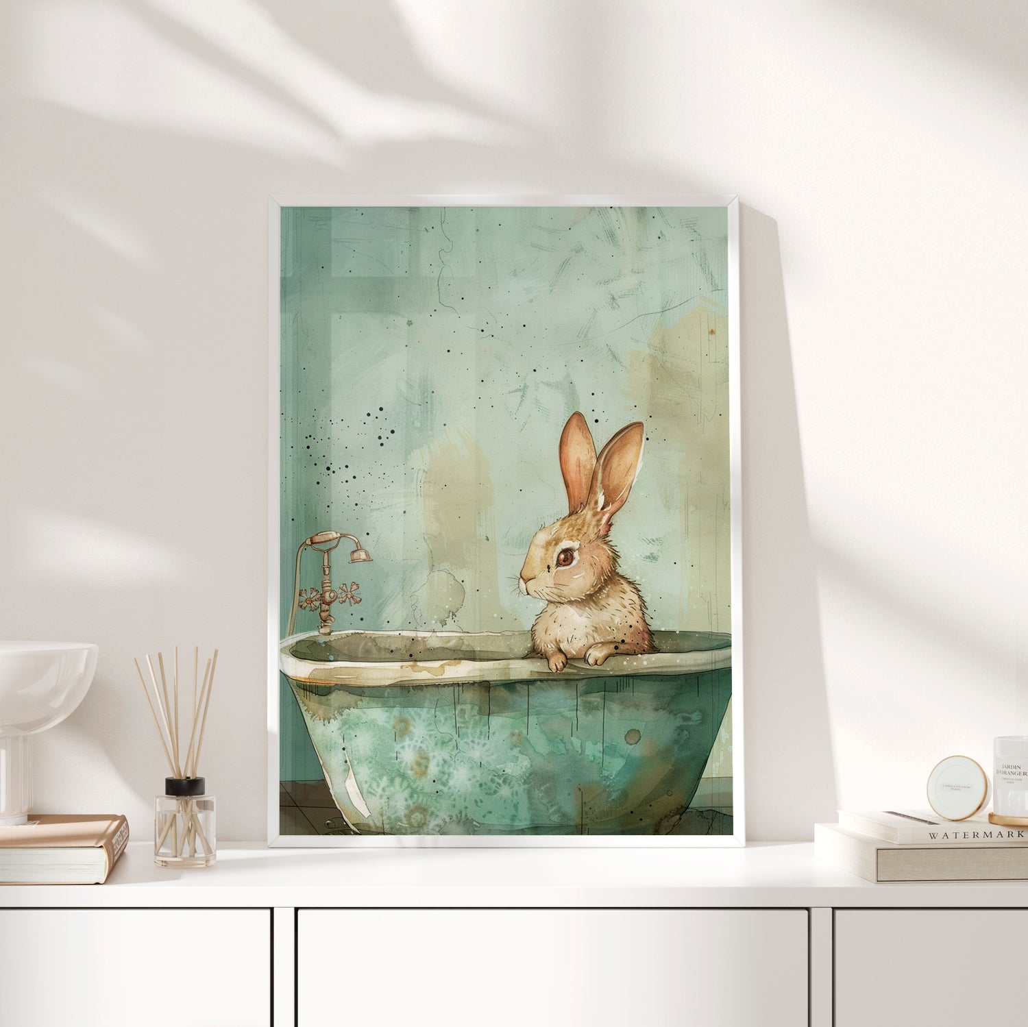 Framed Paper Print - Bunny Bath Day Whimsy