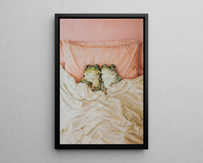 Framed Canvas - Cozy Frogs Romantic Bliss