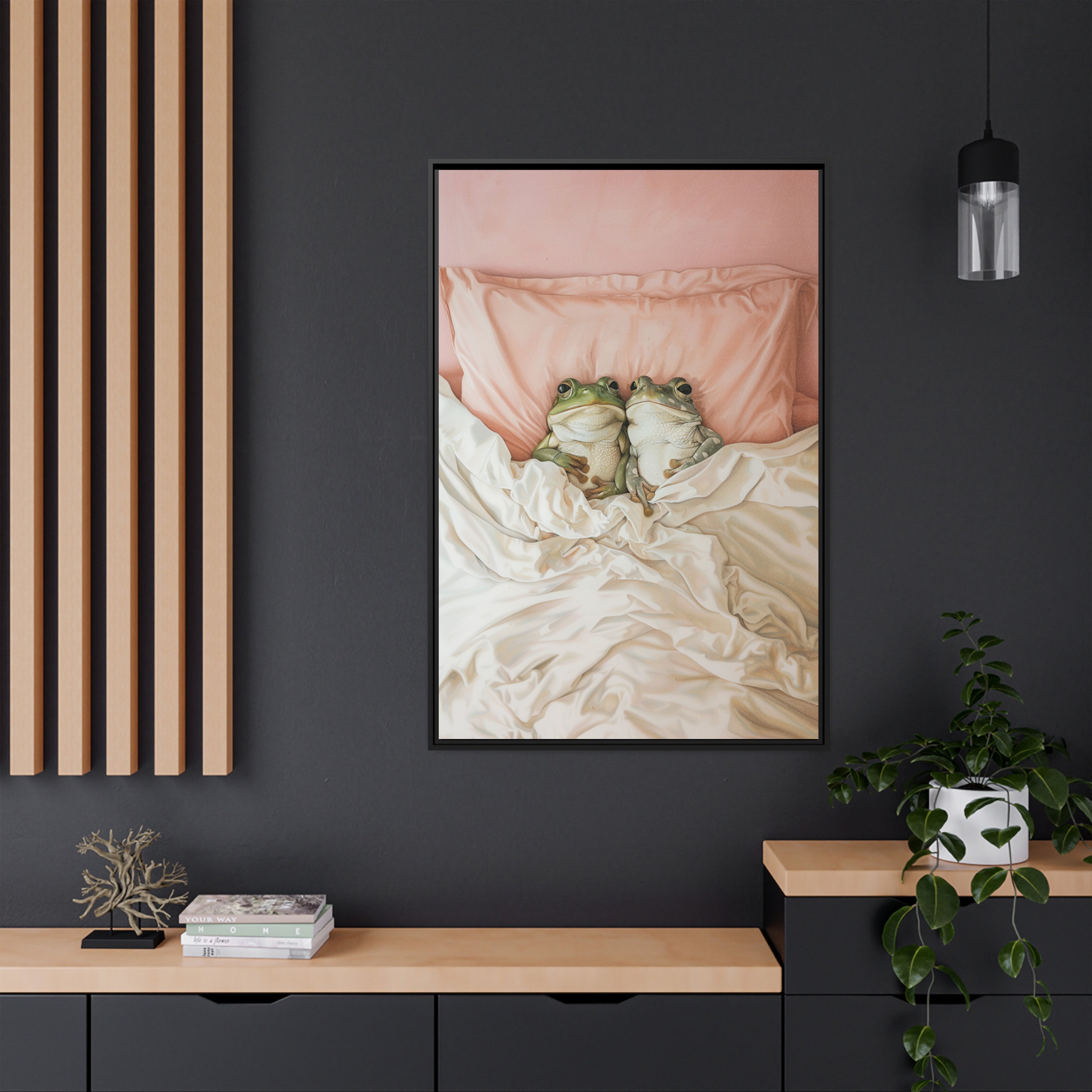 Framed Canvas - Cozy Frogs Romantic Bliss