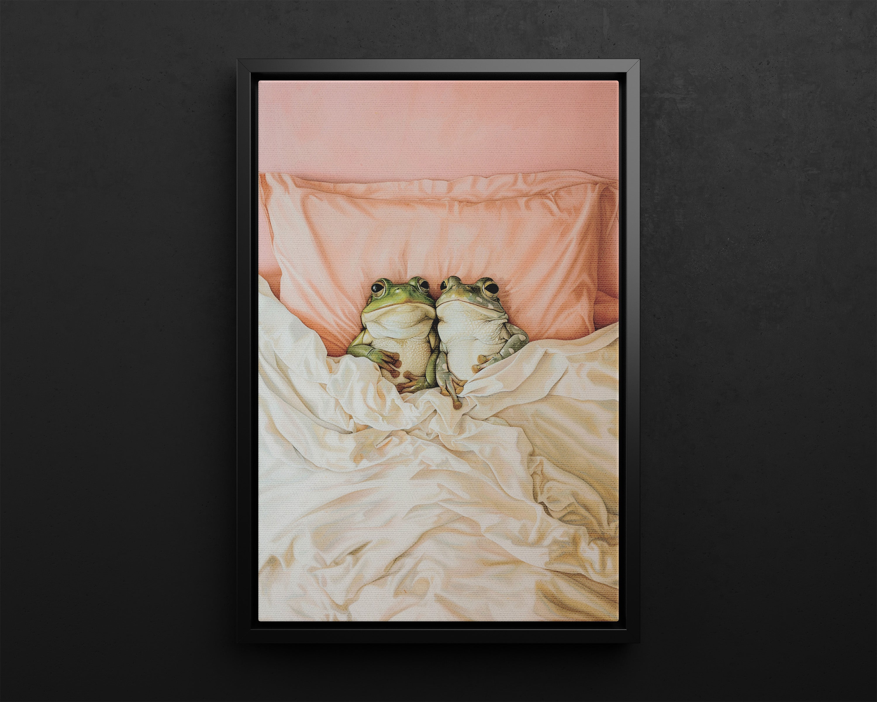 Framed Canvas - Cozy Frogs Romantic Bliss