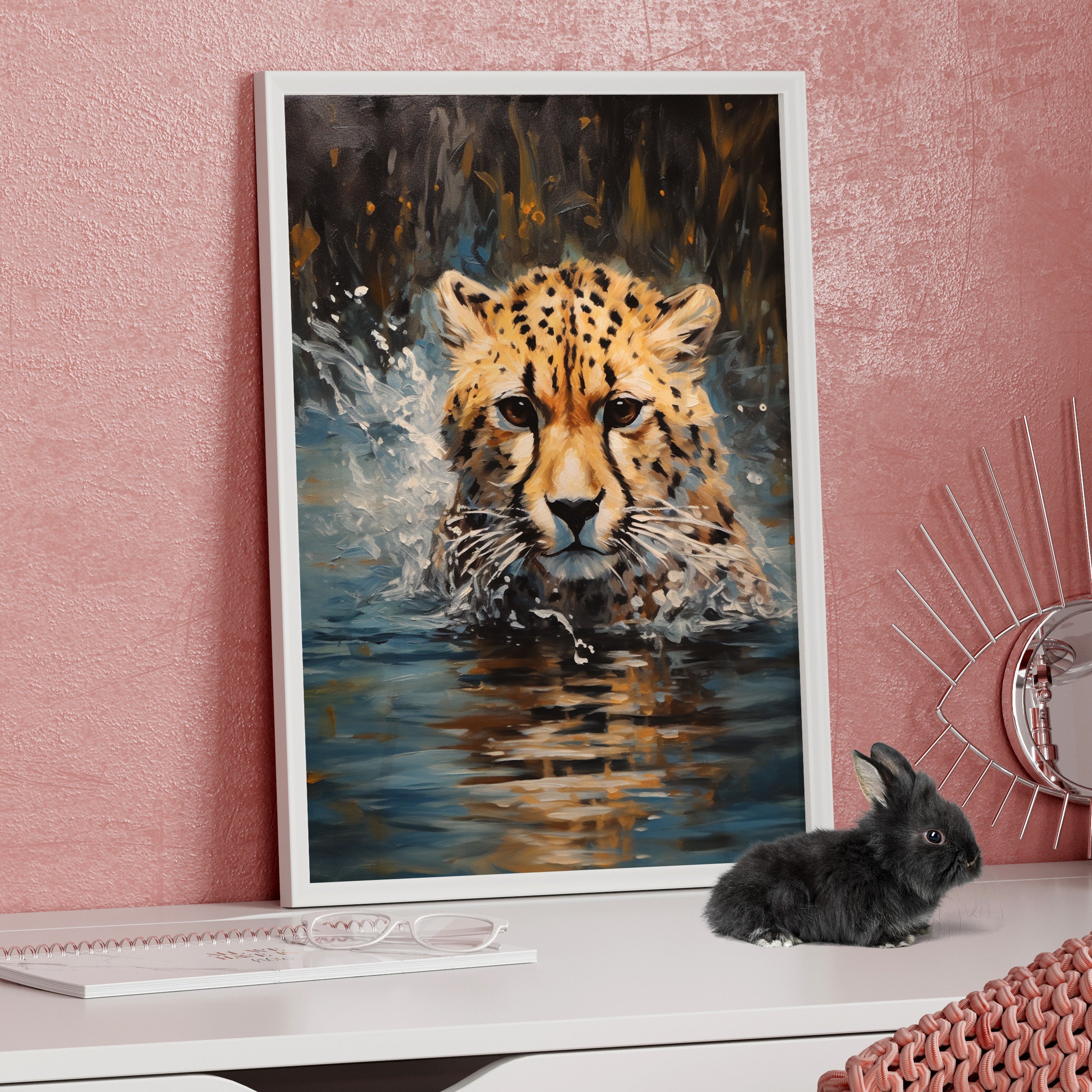 Framed Paper Print - Aqua Sprinting Cheetah