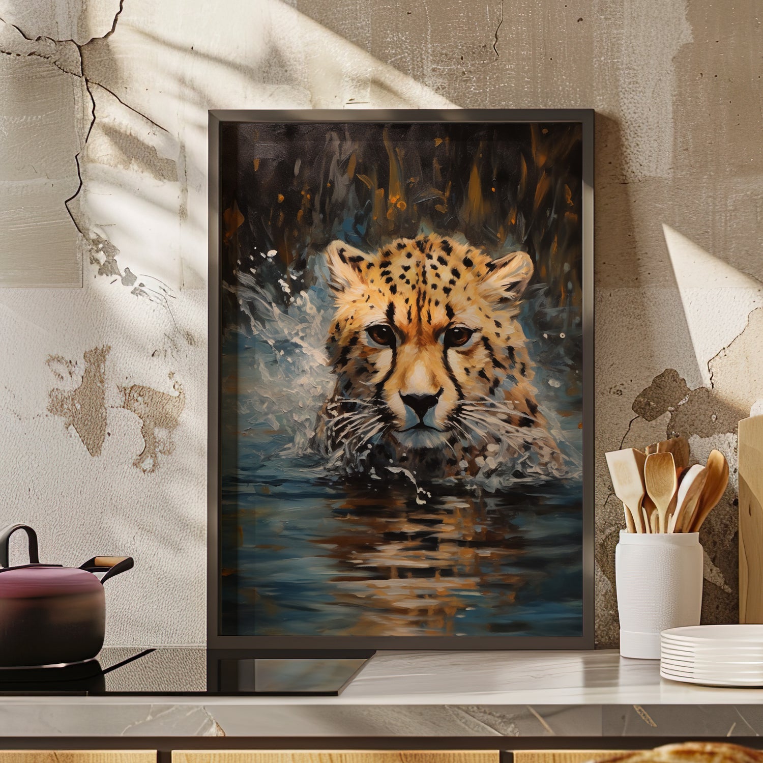 Framed Paper Print - Aqua Sprinting Cheetah