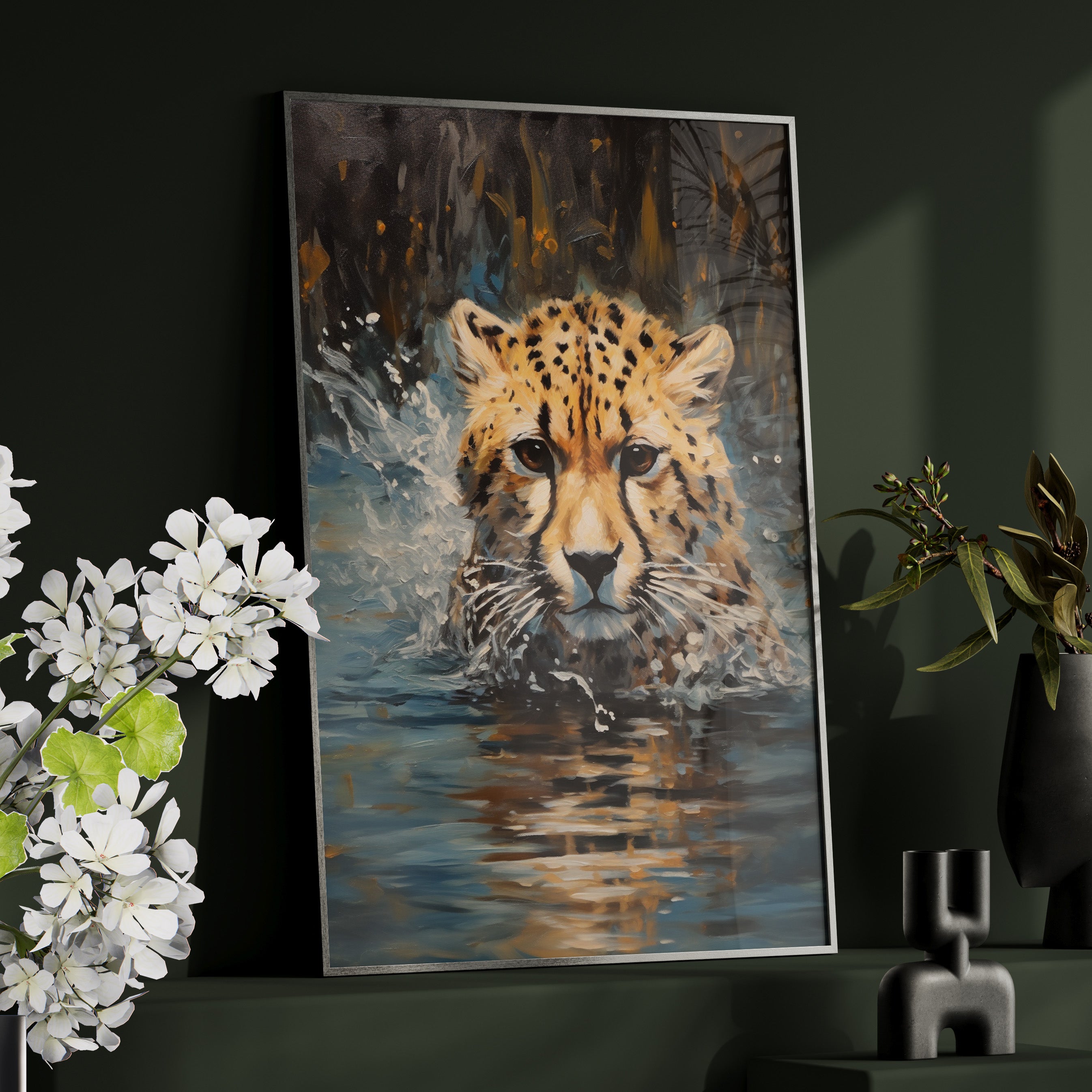 Framed Paper Print - Aqua Sprinting Cheetah