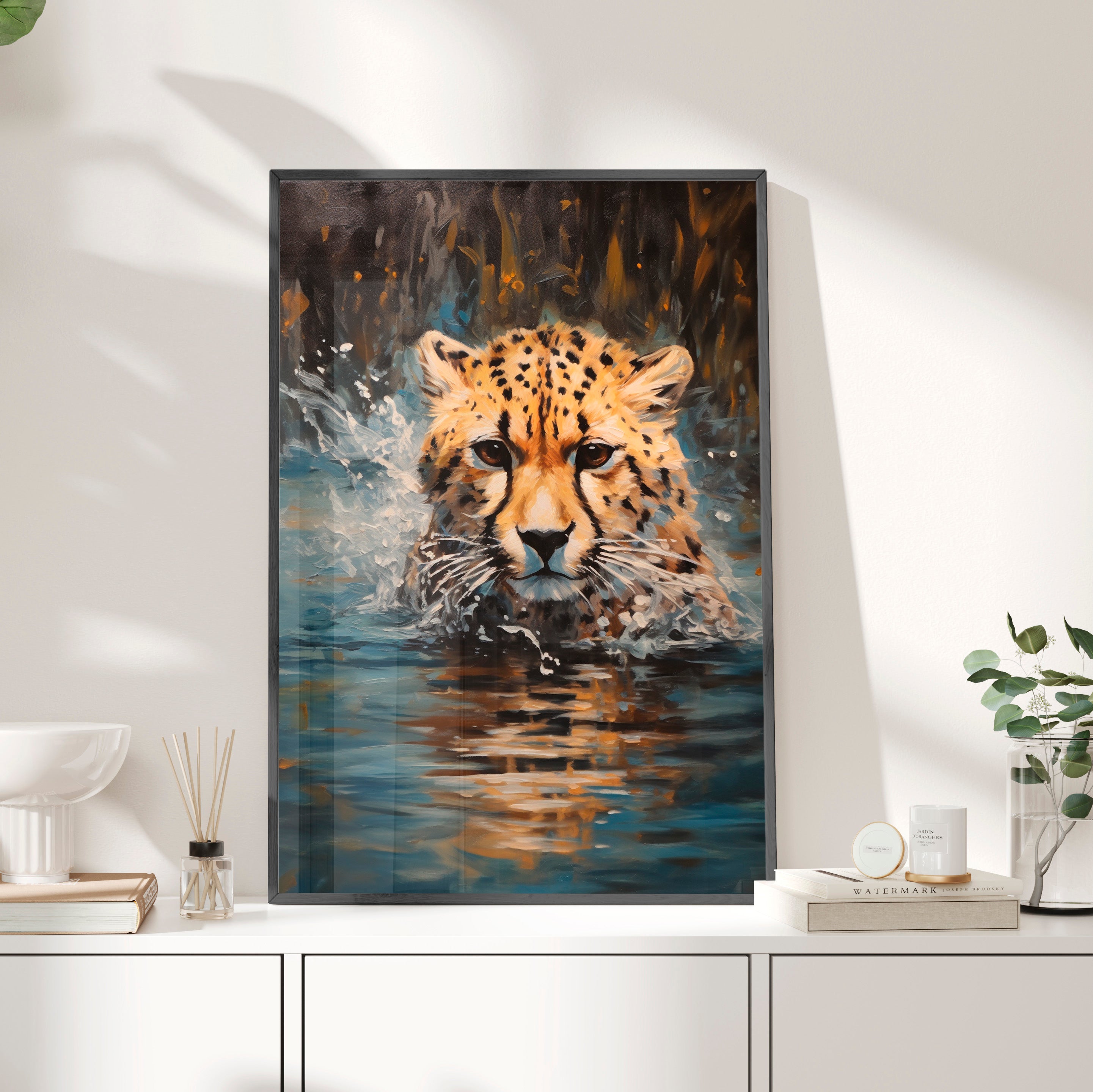 Framed Paper Print - Aqua Sprinting Cheetah