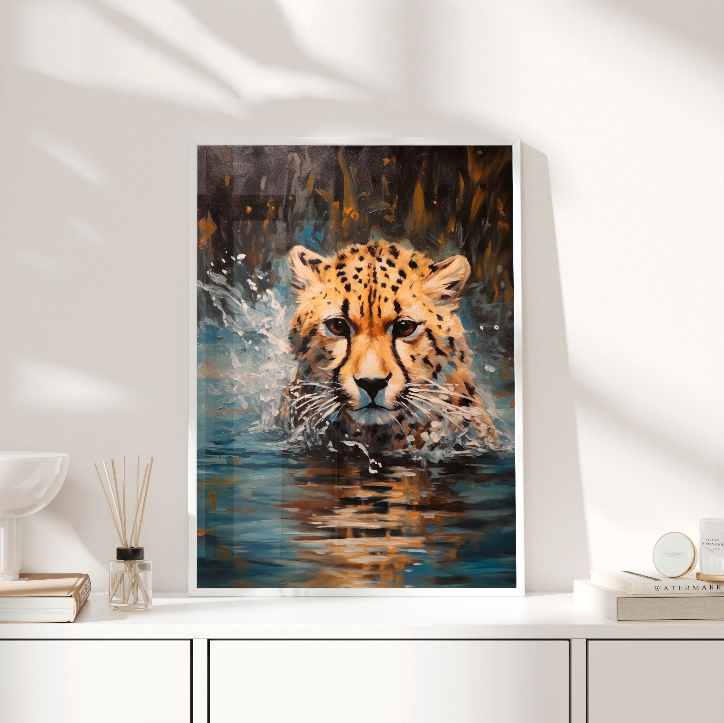 Framed Paper Print - Aqua Sprinting Cheetah