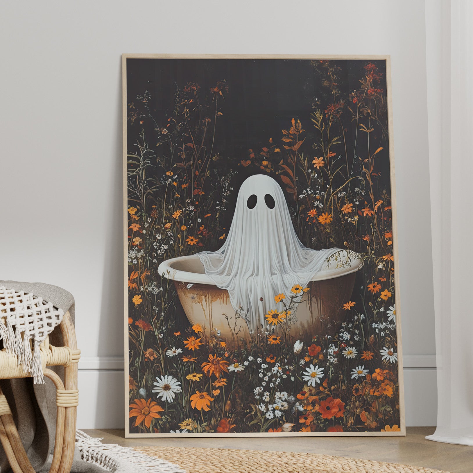 Wildflower Bathtub Ghost Poster | Spooky Cottagecore Bathroom Art