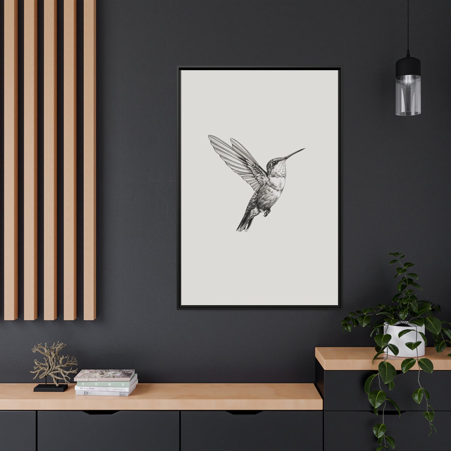 Framed Canvas - Flying Hummingbird Line Study