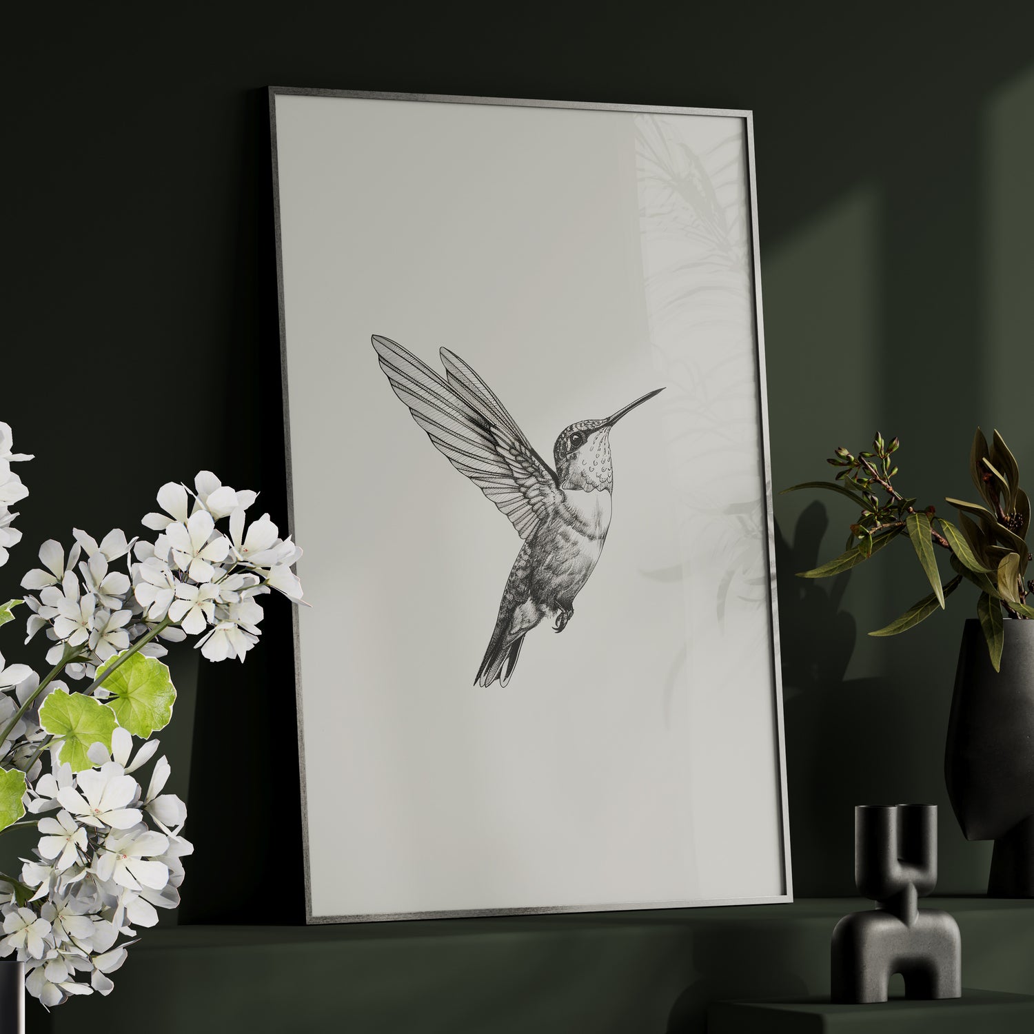 Framed Paper Print - Flying Hummingbird Line Study