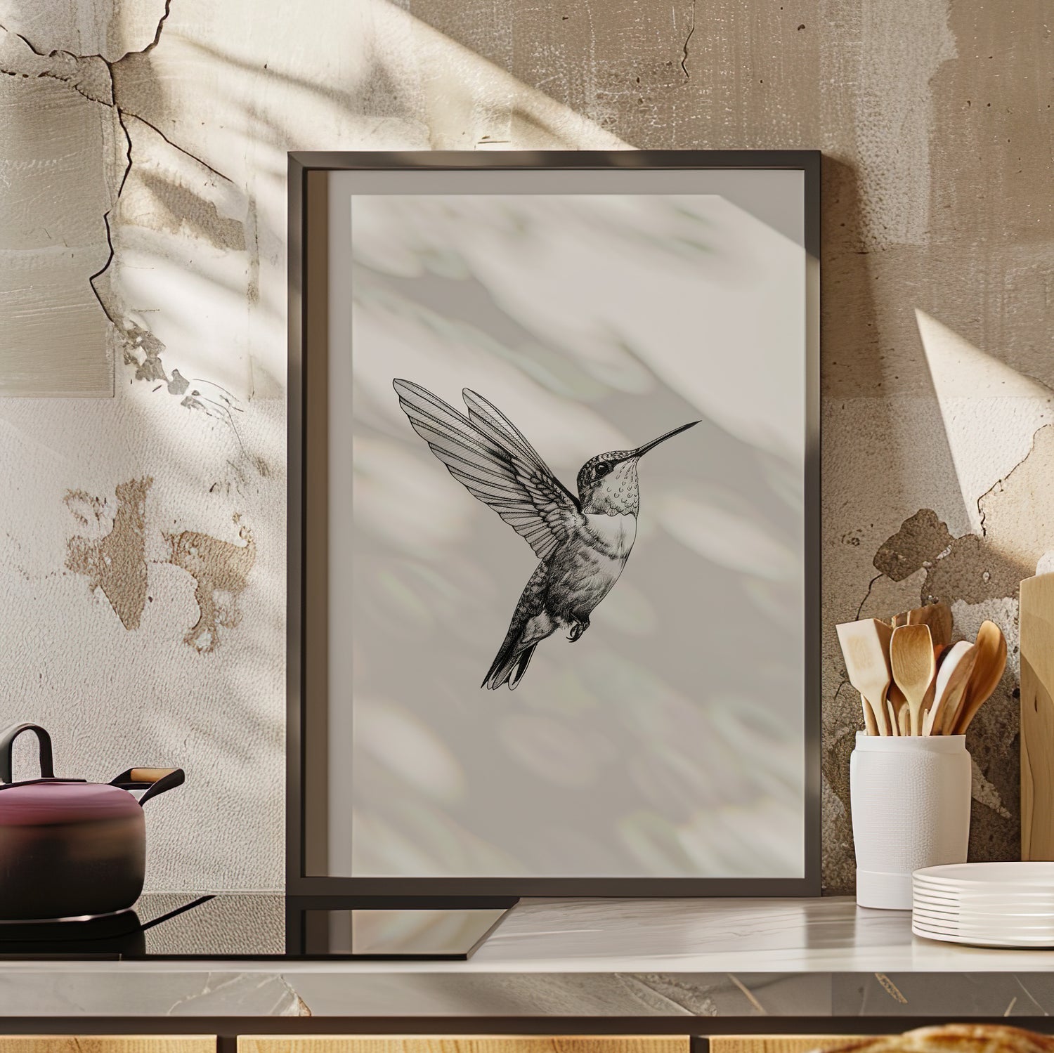 Framed Paper Print - Flying Hummingbird Line Study