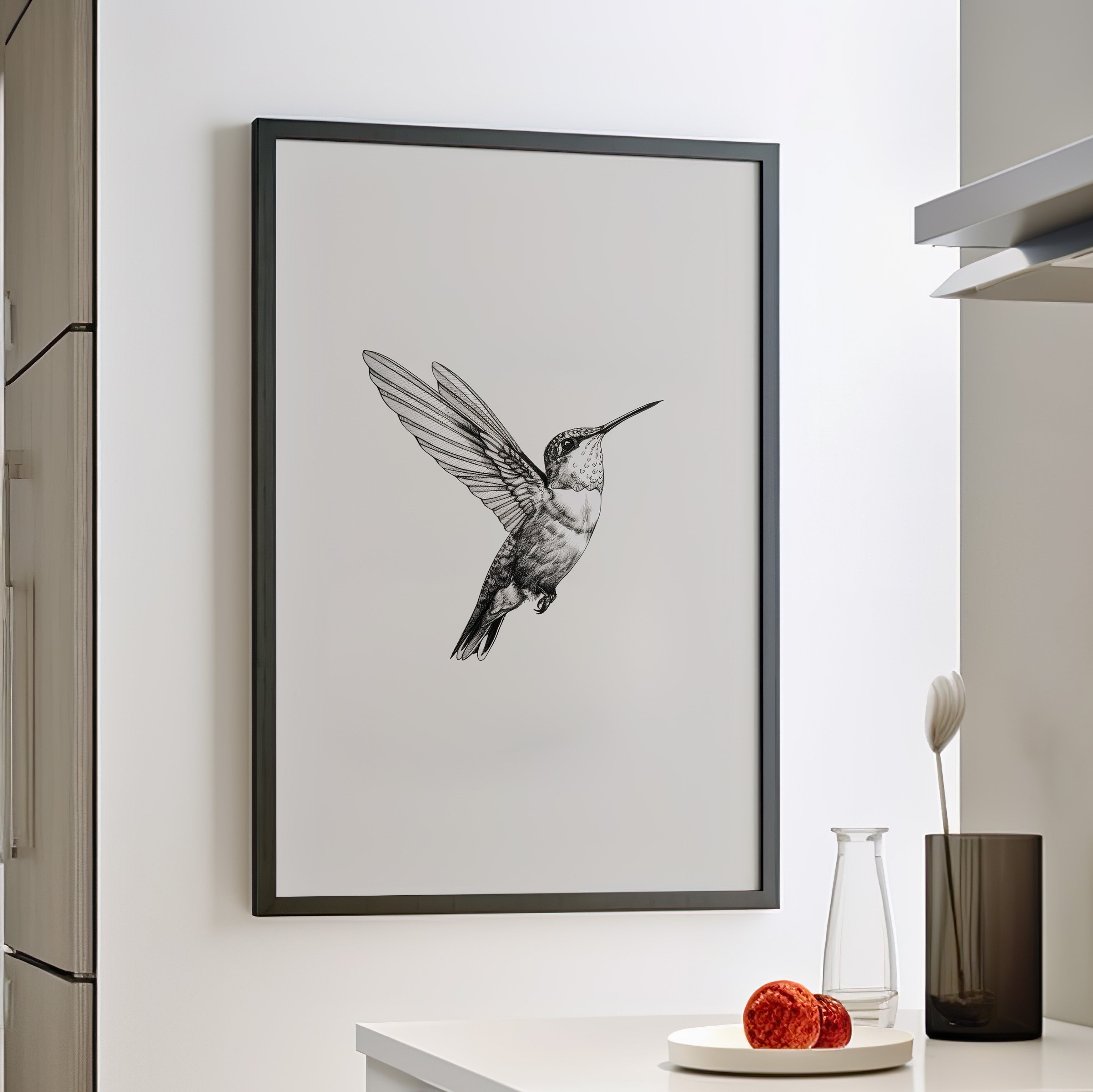 Framed Paper Print - Flying Hummingbird Line Study
