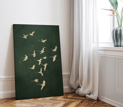 .75&quot; Matte Canvas - Emerald Sky Japanese Cranes