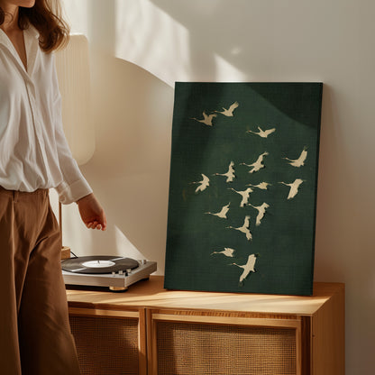 .75&quot; Matte Canvas - Emerald Sky Japanese Cranes