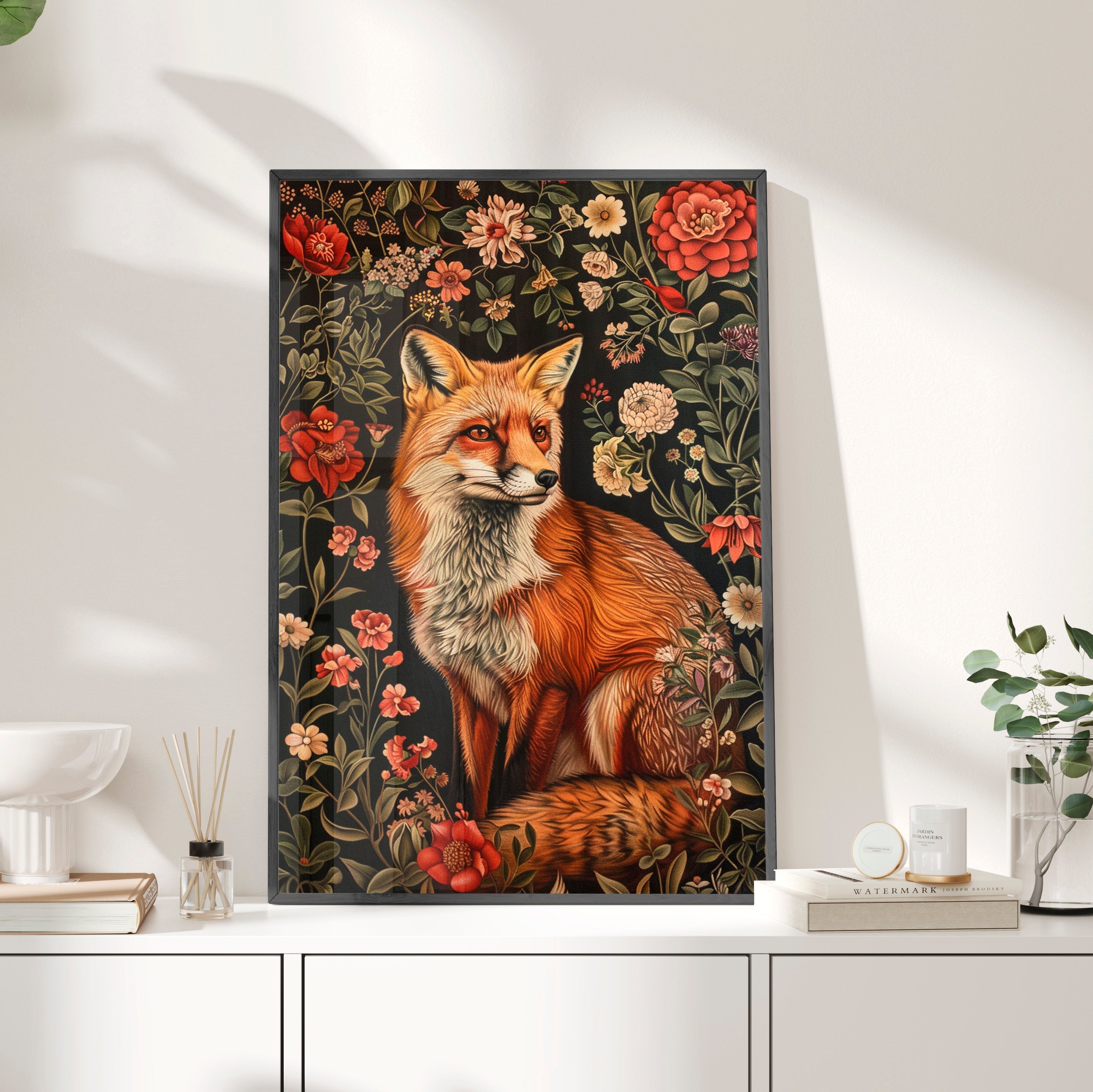 Framed Paper Print - Fox Amongst Floral Whimsy