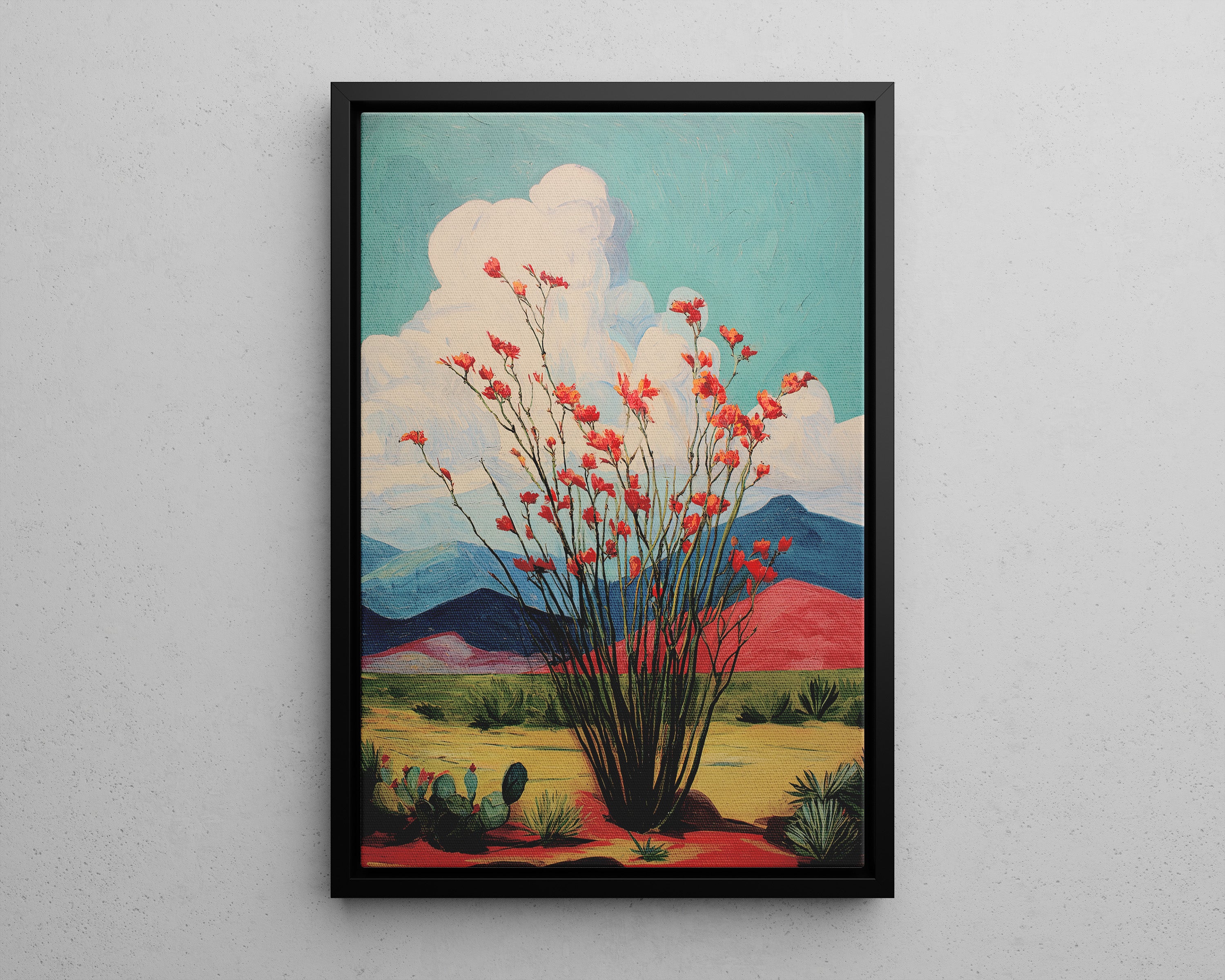 Framed Canvas - Ocotillo Cactus Desert Bloom