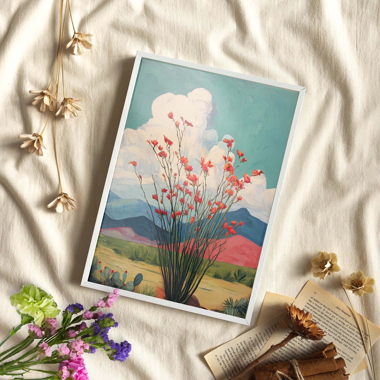 Framed Paper Print - Ocotillo Cactus Desert Bloom